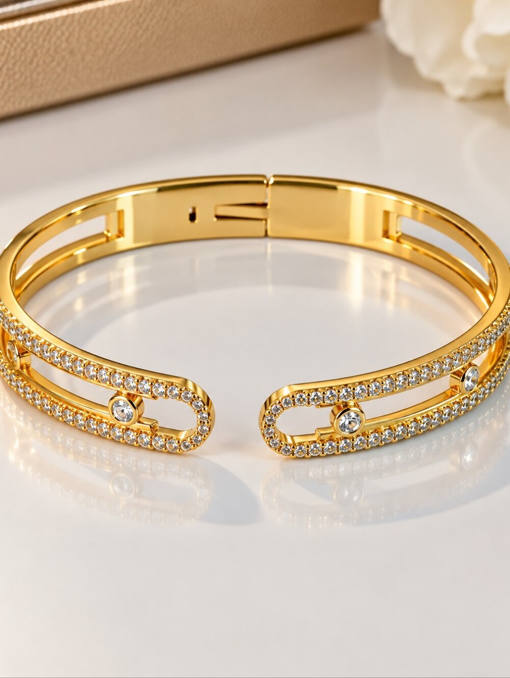 22kgp Dubai Jewelry Messika Style Gold Crystal Open Cuff Bracelet